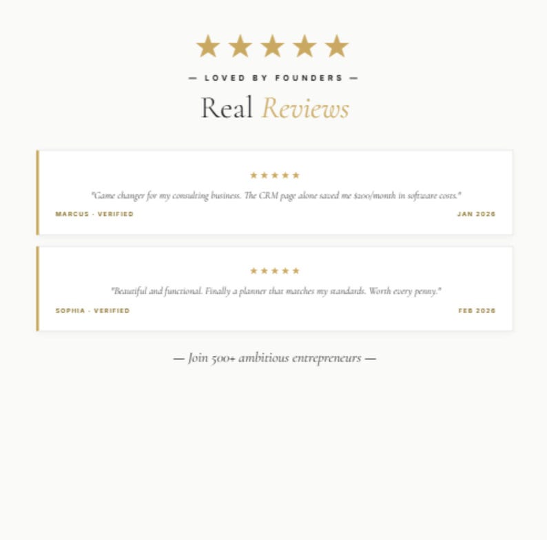 Pu&ograve; includere: Grafica color crema con testo "Real Reviews" e testimonianze dei clienti. Include stelle dorate e le frasi "Loved by Founders" e "Join 500+ ambitious entrepreneurs."