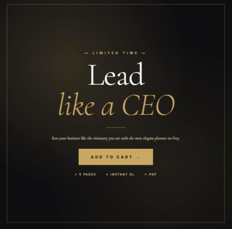 Pu&ograve; includere: Annuncio di prodotto digitale con sfondo sfumato nero e oro. Il testo "Lead like a CEO" &egrave; in bianco e oro. Include il pulsante "Aggiungi al carrello" e i dettagli del prodotto: 5 pagine, download immediato e PDF.