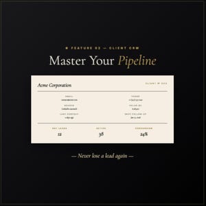 Pu&ograve; includere: Uno sfondo scuro con il testo "Master Your Pipeline" e "Feature 02 - Client CRM". Sotto, un documento color crema con campi dati e il logo Acme Corporation. Il documento mostra le metriche "Hot Leads", "Active" e "Conversion".
