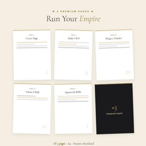 Pu&ograve; includere: Un planner digitale con sei pagine, tra cui una copertina, un CEO giornaliero, un project tracker, un CRM clienti e KPI trimestrali. Il planner &egrave; bianco con dettagli dorati e il testo "Run Your Empire". L'ultima pagina &egrave; nera.