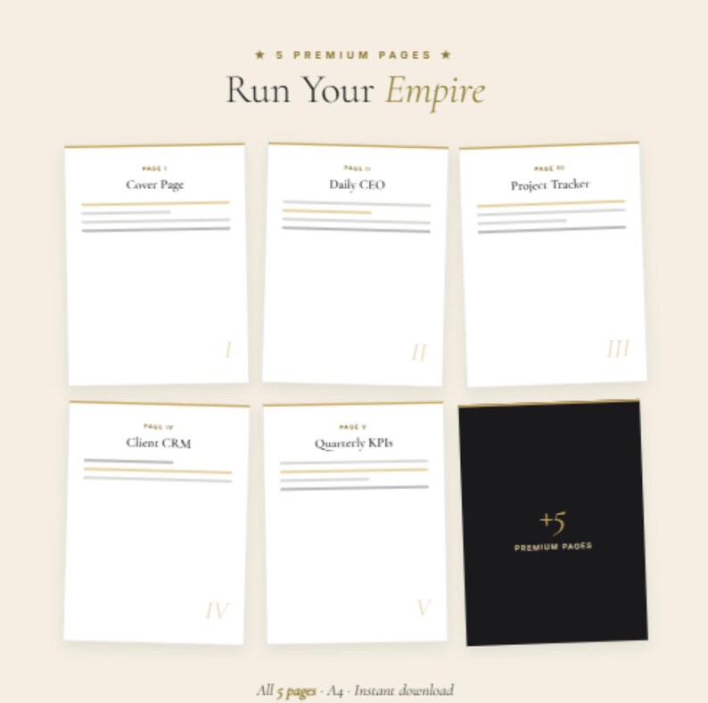 Pu&ograve; includere: Un planner digitale con sei pagine, tra cui una copertina, un CEO giornaliero, un project tracker, un CRM clienti e KPI trimestrali. Il planner &egrave; bianco con dettagli dorati e il testo "Run Your Empire". L'ultima pagina &egrave; nera.
