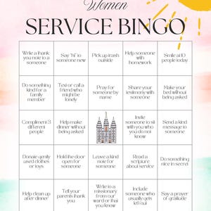 May include: A colorful bingo card titled "SERVICE BINGO" with various acts of service listed in each box. The card includes prompts like "Write a thank you note," "Help someone with homework," and "Donate gently used clothes."