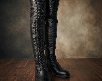 Black Leather Knee High Boots – Lace Up Gothic Combat Riding Style