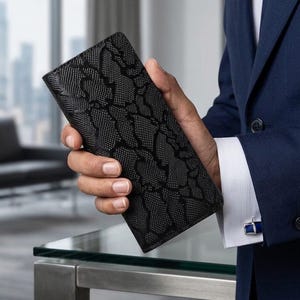 Python Snake Long Wallet | Black Embossed Bifold Purse - Exotic Texture Card Holder