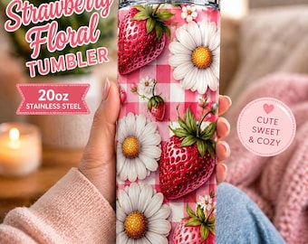 Strawberry Floral Tumbler 20oz, Pink Gingham Cup, Daisy Stainless Steel Tumbler, Cute Aesthetic Drink Cup, Gift for Her
