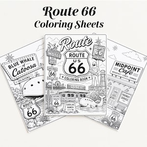 Puede incluir: Hojas para colorear en blanco y negro con monumentos de la Ruta 66. Las hojas incluyen ilustraciones de la Ballena Azul de Catoosa, un restaurante y el Gemini Giant. El texto "Route 66 Coloring Sheets" está en la parte superior.