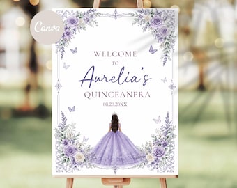 Lila Blumen Quinceaña Willkommen Schild Vorlage, Silber Prinzessin Kleid (digitaler Download)