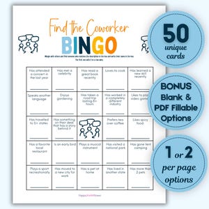 Puede incluir: Una hoja de juego BINGO Find the Coworker con una cuadrícula de cinco por cinco. La página incluye tres insignias circulares azules que indican 50 unique cards, BONUS Blank & PDF Fillable Options y 1 or 2 per page options. Texto negro sobre blanco.