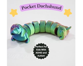 Flexi Dachshund — Articulating 3D Printed Pet Toy | Wiener Dog Fidget | Flexi Animal Desk Pet | Dog Lover Gift | Black Gold White Rainbow