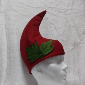 May include: A red felt hat with a pointed top and green felt leaves on the front.