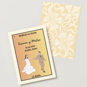 Può includere: Invito di nozze con bordo color crema, con un'illustrazione di una coppia che balla. Il testo recita "Vanessa y Mateo", data "03.05.2027, Austin, Texas" e "La Boda". È visibile anche una seconda carta con un motivo floreale.