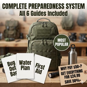 May include: An olive green tactical backpack with multiple compartments and MOLLE webbing. The image includes guides labeled "Bug Out Bag", "Water Plan", and "First Aid". A stainless steel water bottle and a flashlight are also visible. Text reads "COMPLETE PREPAREDNESS SYSTEM".