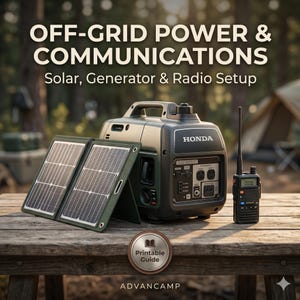 May include: An image showcasing off-grid power and communication equipment. It features a Honda generator, two solar panels, and a handheld radio, all set on a wooden table. The text reads "OFF-GRID POWER & COMMUNICATIONS" and "Solar, Generator & Radio Setup."