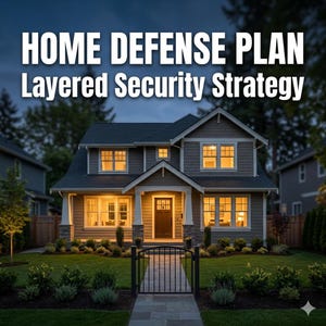 Könnte beinhalten: Ein zweistöckiges Haus mit einem dunkelgrauen Dach und hellgrauen Seitenwänden. Der Text "HOME DEFENSE PLAN Layered Security Strategy" ist in Weiß dargestellt. Das Haus hat einen gepflegten Rasen und ein schwarzes Tor, das zur Haustür führt.