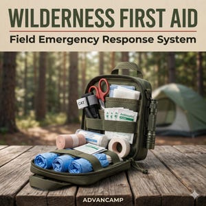 Puede incluir: Botiquín de primeros auxilios verde oliva abierto sobre una superficie de madera, con el texto "WILDERNESS FIRST AID" y "Field Emergency Response System". Contiene vendas, tijeras, toallitas antisépticas y una linterna. Una tienda de campaña es visible en el fondo.