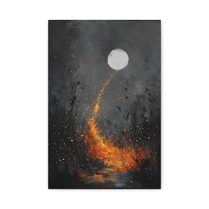 May include: An abstract canvas print featuring a night scene with a large, white moon in a dark, smoky sky. A trail of orange and yellow light ascends from a fiery path below, creating a dramatic and artistic effect.