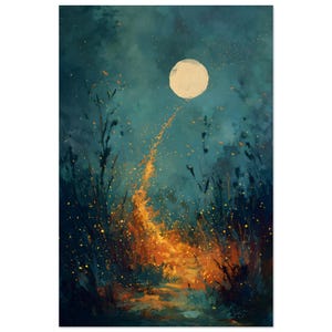 May include: An abstract painting of a moonlit forest scene. The artwork features a large, pale yellow moon in a teal sky, with a path of orange and yellow light leading through dark blue foliage.