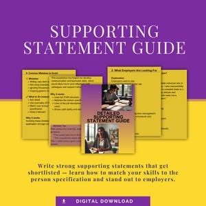 Könnte beinhalten: Ein Leitfaden mit dem Titel "SUPPORTING STATEMENT GUIDE" mit einem lila und gelben Hintergrund. Der Leitfaden enthält Tipps zum Verfassen aussagekräftiger unterstützender Aussagen. Der Text "DIGITAL DOWNLOAD" befindet sich unten.