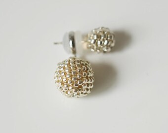 Miyuki Silver Beaded Ball Stud Earrings, 925 Sterling Silver Post, Minimalist Daily Jewelry