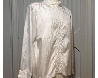 grannycore CottageCore Blouse Geplooide voorkant Hoge kraag Maat 14 USA Kanten parels