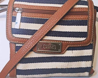 CHAPS Navy and White Striped Crossbody Leather Strap Pockets