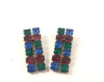 Vintage Pair of Women&#39;s Rhinestones Shoe Clips Red Blue Green Colorful