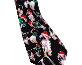 Black Holiday Necktie With Christmas Cow Print By Andaloro