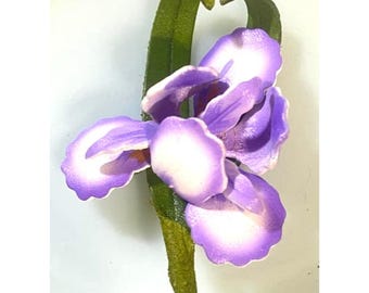 Large Vintage Leather Dutch Iris Flower Brooch Purple Lavender Lilac Pin Made In Canada