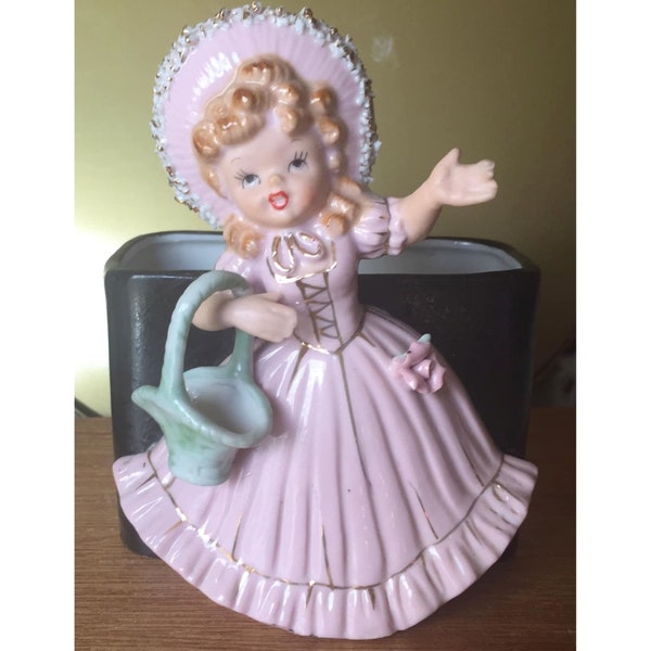 Little Long Dress Girl with Bonnet and Basket Pink Dress Planter 1950s