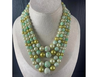 Vintage MCM 4 strands Beaded Necklace Multi-Strand Green Gold & Pearl-Like Beads