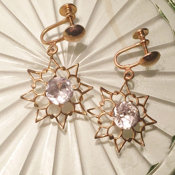 Gold Star Burst Dangle Screw Back Vintage Earring… - image 1
