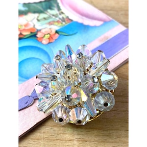 Vintage Aurora Borealis Crystal Beaded Brooch Pin Gold-Tone Backing Mid-Century Jewelry