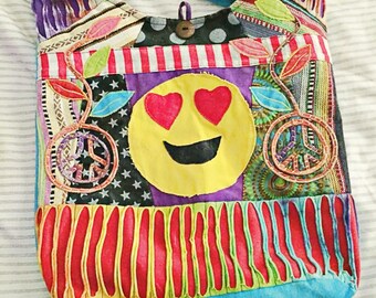 Smiley Face Hippie Purse Peace Sign Crossbody Distressed Fabric BOHO Colorful Shoulder Ripped