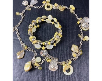 Vintage Shell and Stones Charm Necklace Style Silver tone with Matching Bracelet 24&quot;