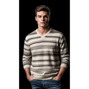 May include: A V-neck sweater with horizontal stripes in shades of beige, gray, and brown. The long-sleeved sweater is paired with blue jeans. The person is standing with their hands in their pockets against a black background.