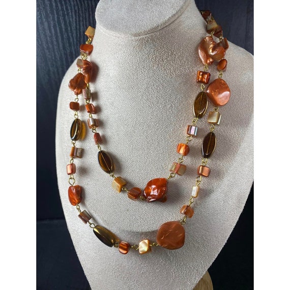 36 Inch Orange and Brown Long Necklace Shell Bead… - image 1