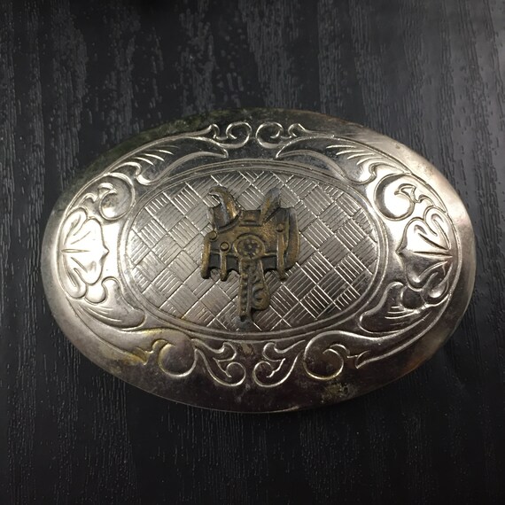 Vintage Large Silver Belt Buckle Horse Saddle Gem