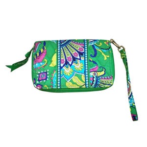 Vera Bradley Carteira Feminina Verde Paisley Floral Com Zíper e Pulseira