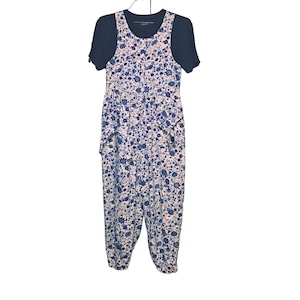 Vtg 80s Cottage Core Jump Suit Romper Small Blue White One Piece Sleeveless Ashleigh Morgan Jr