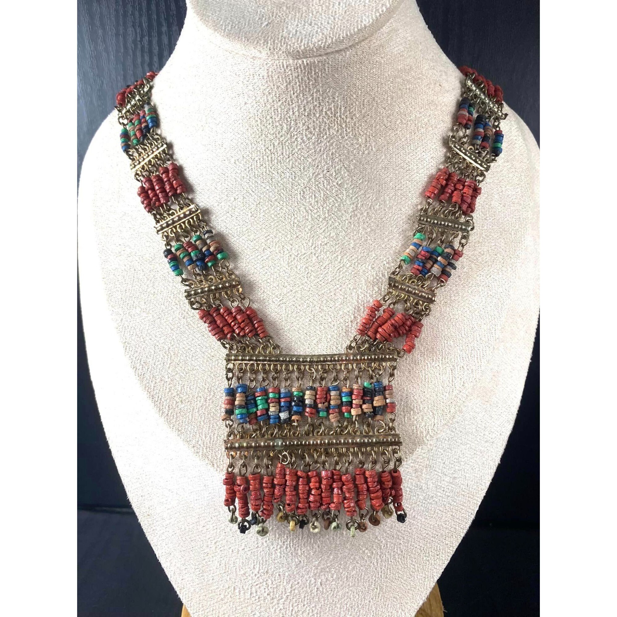 Vintage Ethnic Tribal Necklace With Multicolor Beads & Metal Links Orange Gold Aqua