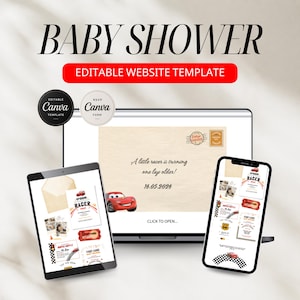 Może przedstawiać: Cyfrowy szablon strony internetowej na baby shower wyświetlany na laptopie, tablecie i smartfonie. Projekt zawiera czerwony samochód wyścigowy, tekst "Baby Shower" i frazę "A little racer is turning one lap older!"