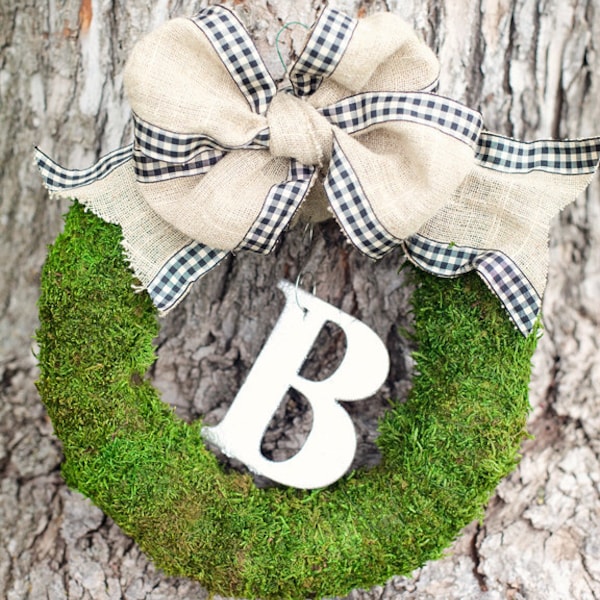 Monogrammed Moss Wreath with Large Burlap Bow