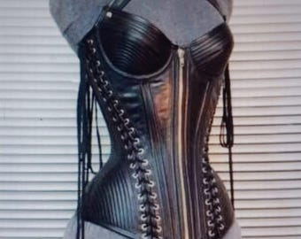 Women's Black Faux Leather Lace-Up Corset Top with Front Zipper & Fringe Details
