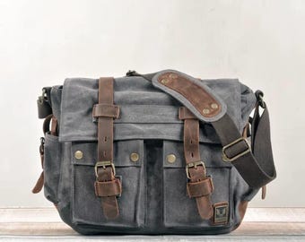 Canvas Leather Messenger Bag, Laptop Satchel, Gift for men personalized canvas bag
