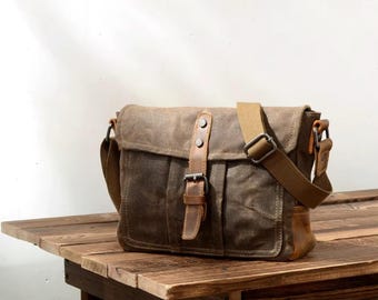 Personalized Canvas Leather Messenger Bag, Laptop Satchel, Gift for Him