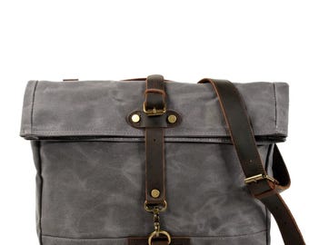 Personalized Canvas Leather Messenger Bag, Laptop Satchel, Gift for Him