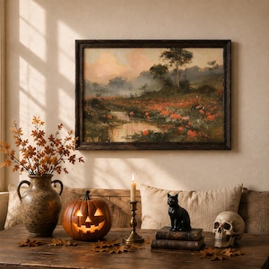 May include: A framed landscape painting of a field with orange flowers and a stream, a ceramic vase with orange leaves, a lit jack-o'-lantern, a candle in a brass holder, a black cat figurine on two books, and a human skull on a wooden table.