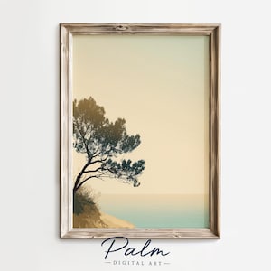 Muted Coastal Tree - Tranquil Ocean Print, Warm Neutral Beach House Bedroom Decor, Serene Minimalist Seascape, Digital Download