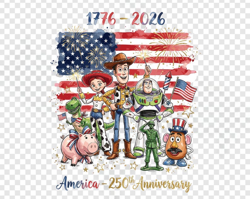 May include: A graphic featuring characters from the Toy Story franchise in front of an American flag with fireworks. Text reads "1776-2026" and "America - 250th Anniversary". The design is in red, white, blue, and gold.