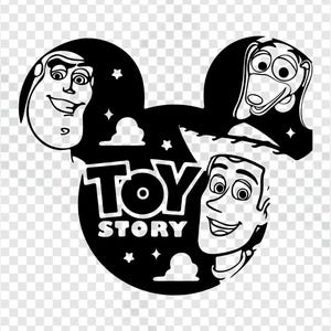K&ouml;nnte beinhalten: Schwarz-wei&szlig;e Grafik des Toy Story-Logos mit Buzz Lightyear, Woody und Bullseye. Das Logo hat die Form von Mickey Mouse-Ohren, mit den Worten "TOY STORY" in fetter Schrift.